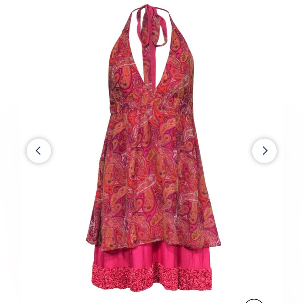 Alice + Olivia pink paisley print silk halter dress with sequins size small